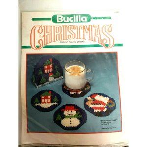 Bucilla Blue Christmas Coasters Set of 7 Pre-cut Plastic Canvas